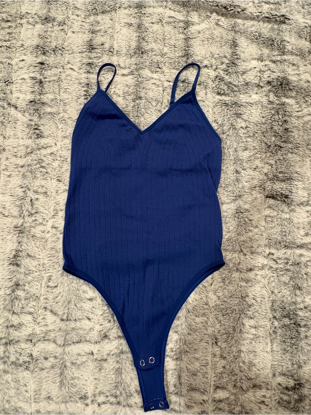 Ribbed V-Neck Bodysuit in Navy Blue